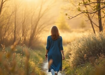 Femme marchant seule dans la nature après une rupture amoureuse, lumière dorée apaisante — rupture amoureuse comment s'en remettre