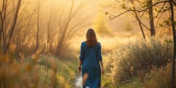 Rupture amoureuse : guérir et se reconstruire 2 Femme marchant seule dans la nature après une rupture amoureuse, lumière dorée apaisante — rupture amoureuse comment s'en remettre