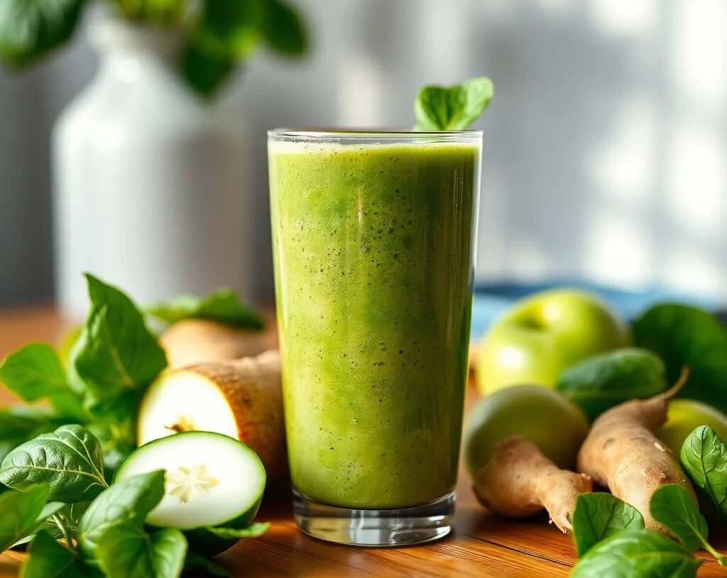 Smoothie vert détox dans un verre avec épinards, concombre et pomme verte sur table en bois — smoothie vert détox énergie