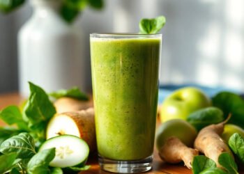 Smoothie vert détox dans un verre avec épinards, concombre et pomme verte sur table en bois — smoothie vert détox énergie