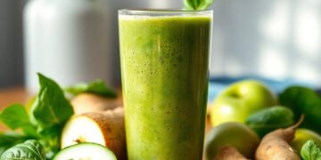 Smoothie vert détox dans un verre avec épinards, concombre et pomme verte sur table en bois — smoothie vert détox énergie