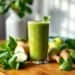 Smoothie vert détox : l'énergie matinale en un verre 7 Smoothie vert détox dans un verre avec épinards, concombre et pomme verte sur table en bois — smoothie vert détox énergie