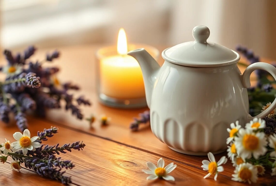 Tisane pour dormir avec valériane et passiflore sur table en bois, ambiance zen