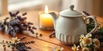 Tisane pour dormir avec valériane et passiflore sur table en bois, ambiance zen