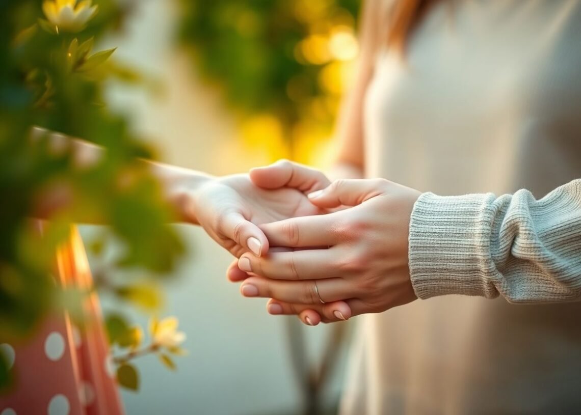 Deux mains qui se touchent doucement, lumière naturelle chaude — 5 langages de l'amour