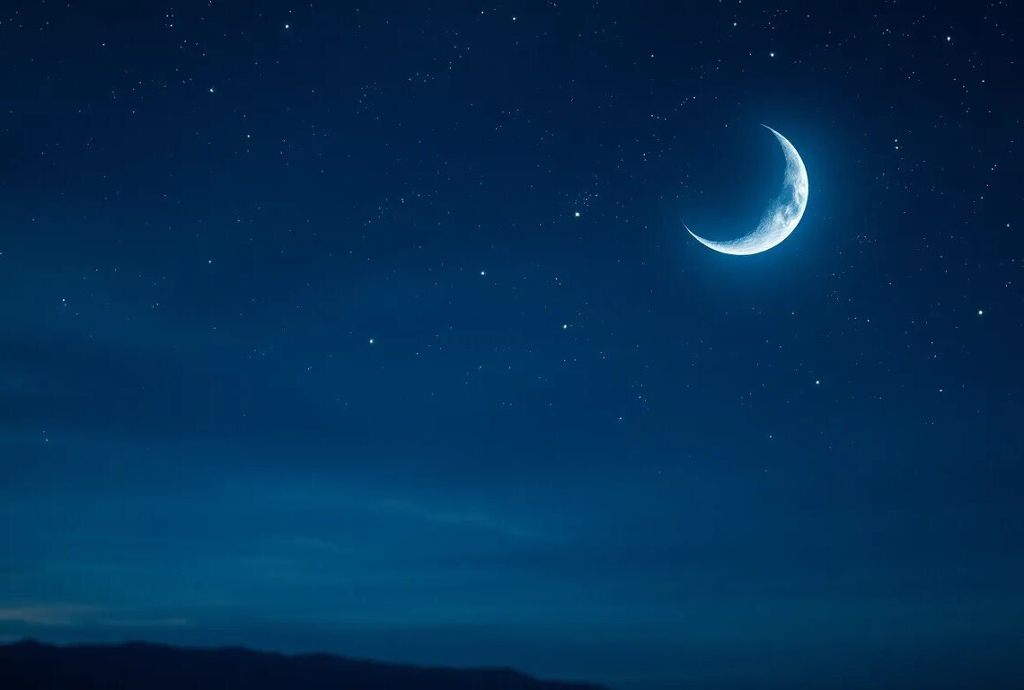 Ciel nocturne mystique avec croissant de lune et étoiles, nœuds lunaires astrologie