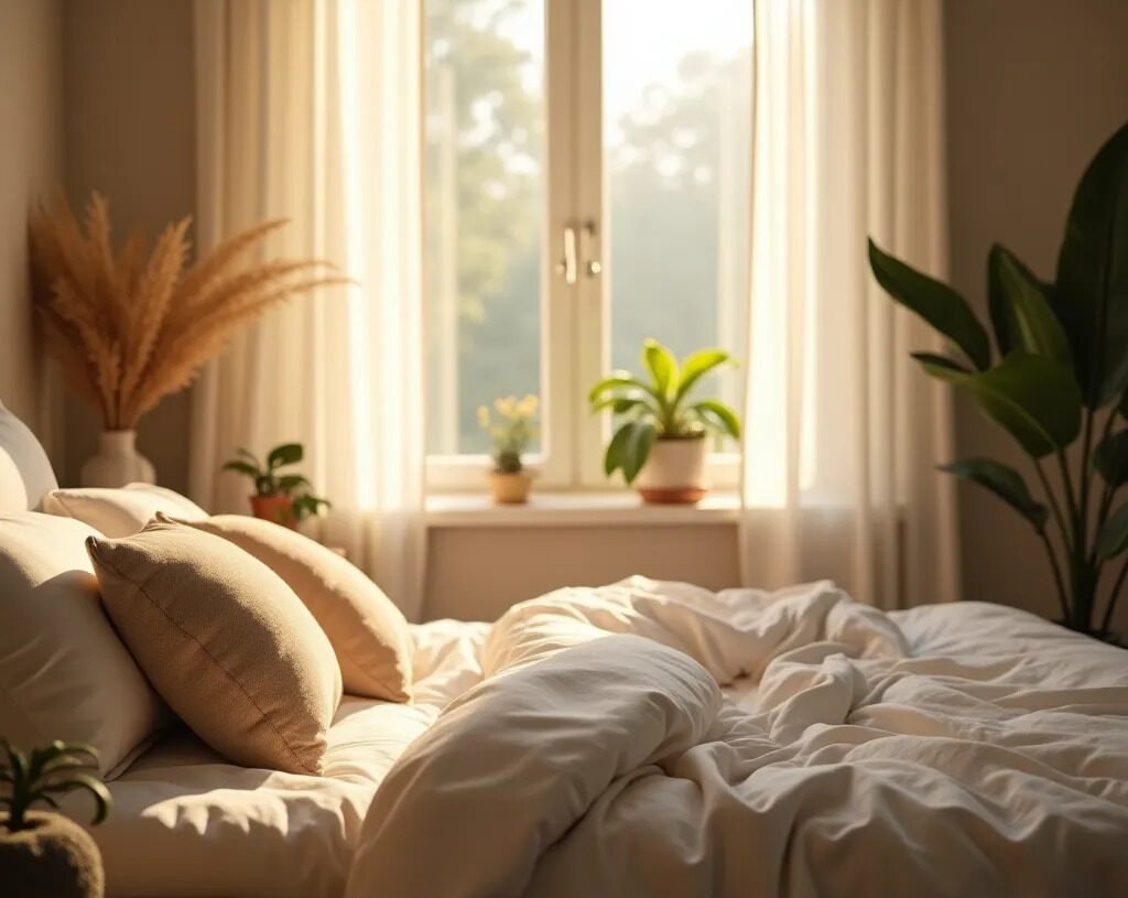 Chambre optimisée pour le sommeil avec lumière douce et plantes — chambre idéale pour dormir