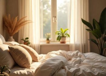 Chambre optimisée pour le sommeil avec lumière douce et plantes — chambre idéale pour dormir