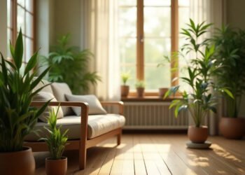 Intérieur zen avec plantes bambou et lumière naturelle — feng shui maison harmonie