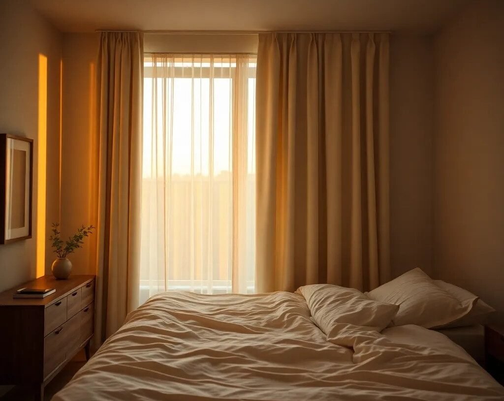 Mélatonine naturelle : comment la stimuler sans compléments 1 Chambre paisible avec lumière naturelle du soir favorisant la production de mélatonine naturelle