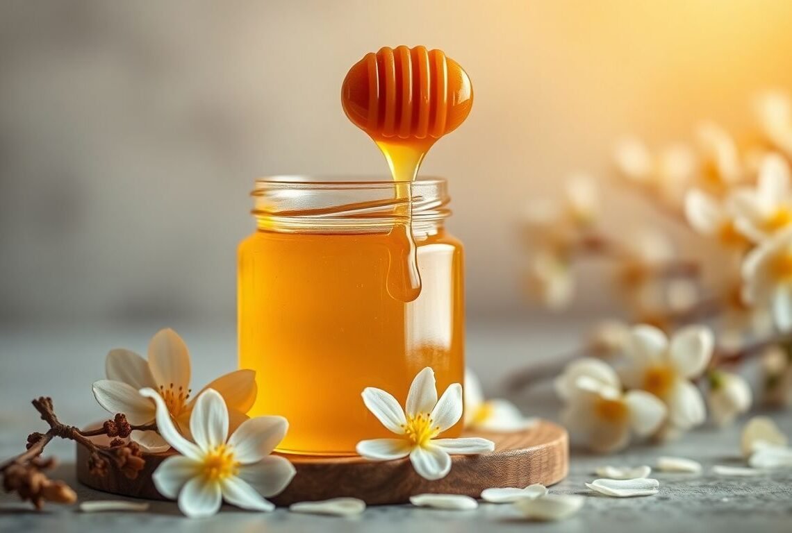 Miel de Manuka : bienfaits et usages 1 Pot de miel de Manuka avec rayon de miel et fleurs blanches — miel de Manuka bienfaits