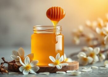 Pot de miel de Manuka avec rayon de miel et fleurs blanches — miel de Manuka bienfaits