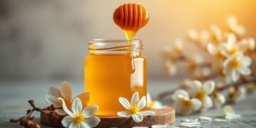 Miel de Manuka : bienfaits et usages 6 Pot de miel de Manuka avec rayon de miel et fleurs blanches — miel de Manuka bienfaits