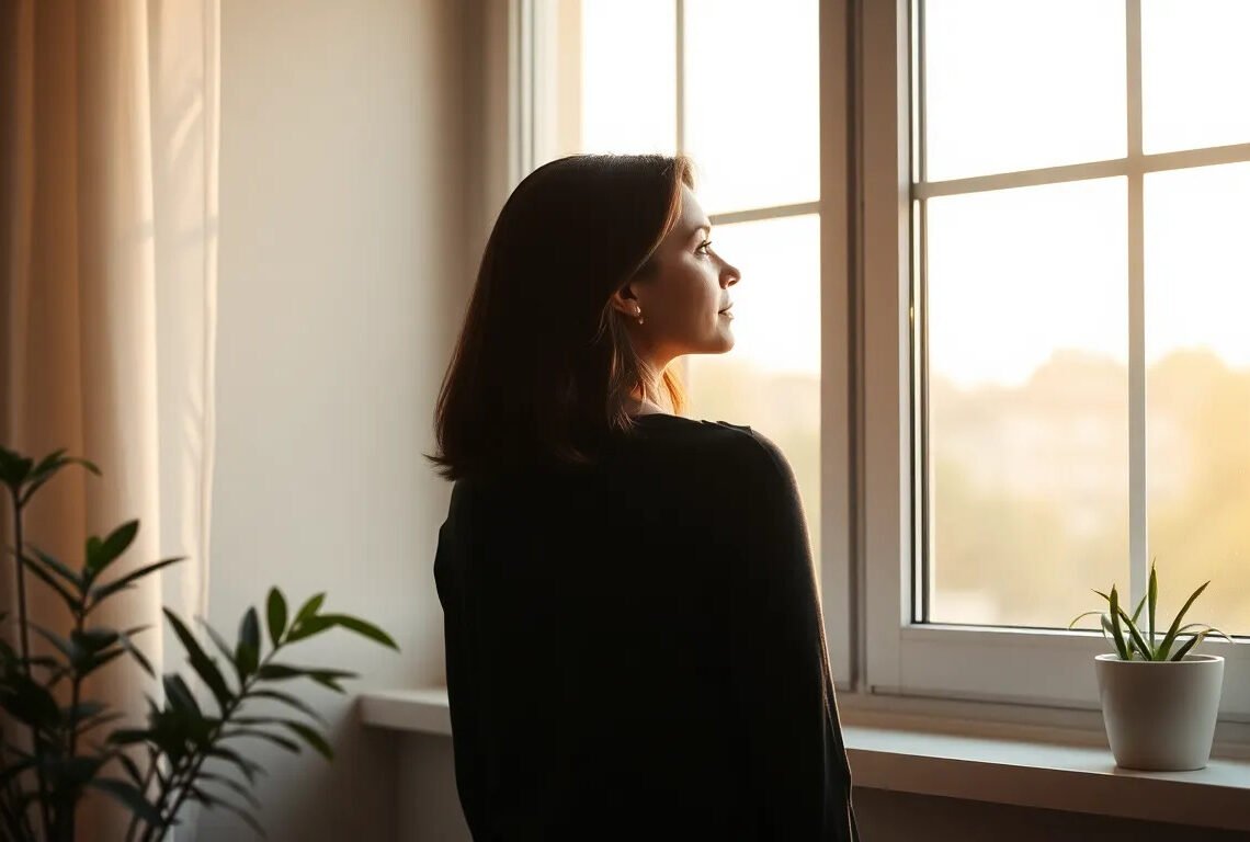 Femme regardant par la fenêtre avec sérénité — pervers narcissique reconnaître