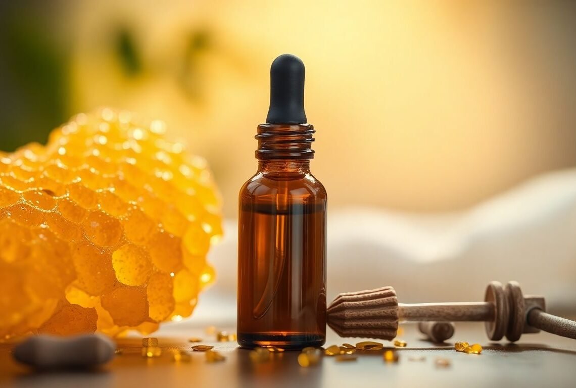 Propolis bienfaits : l'antibiotique naturel de la ruche 1 Propolis brute et miel sur fond bois, remède naturel antibactérien