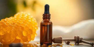 Propolis bienfaits : l'antibiotique naturel de la ruche 2 Propolis brute et miel sur fond bois, remède naturel antibactérien