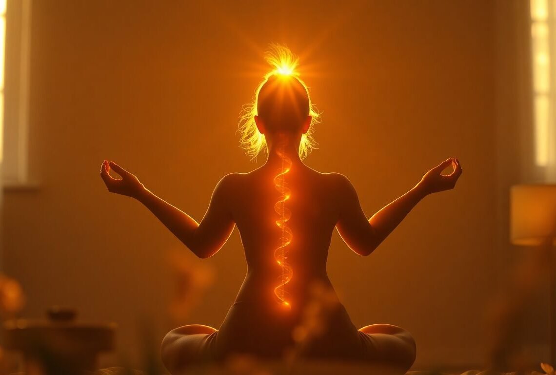 Représentation symbolique de l’énergie kundalini qui s’éveille le long de la colonne vertébrale, yoga kundalini énergie éveil