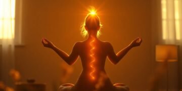 Yoga Kundalini : éveiller l'énergie dormante en toi 15 Représentation symbolique de l’énergie kundalini qui s’éveille le long de la colonne vertébrale, yoga kundalini énergie éveil