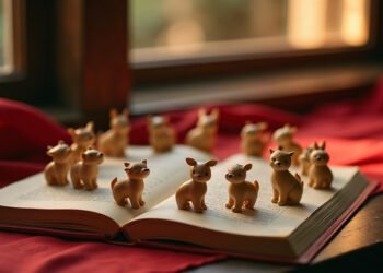 Douze figurines sculptées des animaux du zodiaque disposées sur un almanach ouvert et une soie rouge, astrologie chinoise