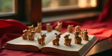 Astrologie chinoise : les 12 animaux 5 Douze figurines sculptées des animaux du zodiaque disposées sur un almanach ouvert et une soie rouge, astrologie chinoise
