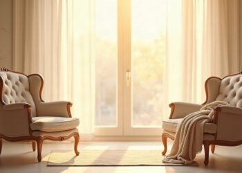 Deux fauteuils espacés dans un salon lumineux, une couverture posée sur l'un d'eux : attachement évitant