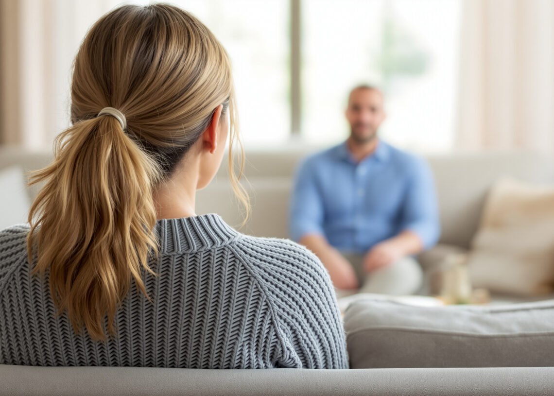 Une femme en pull et un homme assis à distance sur le même canapé : attachement évitant