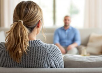 Une femme en pull et un homme assis à distance sur le même canapé : attachement évitant