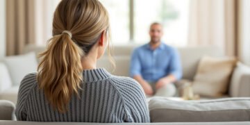 Attachement évitant : aimer à distance 3 Une femme en pull et un homme assis à distance sur le même canapé : attachement évitant
