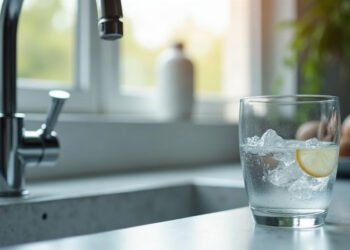 Dépôts de calcaire sur un robinet de cuisine et verre d'eau claire, calcaire dans l'eau