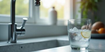 Dépôts de calcaire sur un robinet de cuisine et verre d'eau claire, calcaire dans l'eau