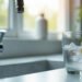 Dépôts de calcaire sur un robinet de cuisine et verre d'eau claire, calcaire dans l'eau