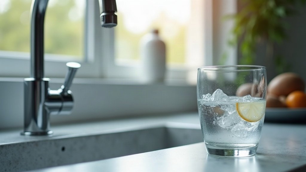 Calcaire dans l’eau : effets sur la santé et solutions 1 Dépôts de calcaire sur un robinet de cuisine et verre d'eau claire, calcaire dans l'eau