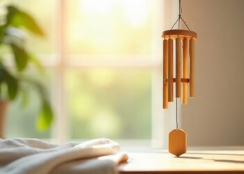 Carillon suspendu en bambou dans une pièce baignée de lumière douce, carillon Koshi
