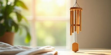 Carillon suspendu en bambou dans une pièce baignée de lumière douce, carillon Koshi