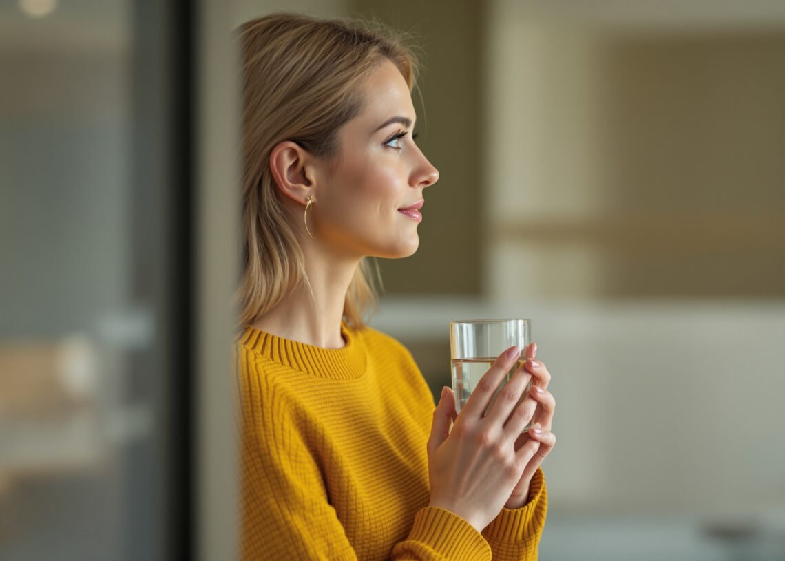 Combien d'eau boire par jour : la vraie réponse 1 Une femme de profil tient un verre d'eau à deux mains : combien d'eau boire par jour