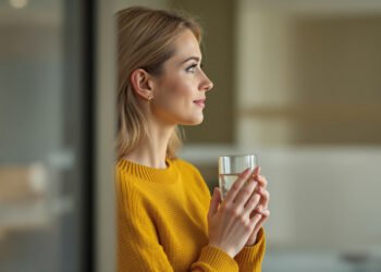 Une femme de profil tient un verre d'eau à deux mains : combien d'eau boire par jour