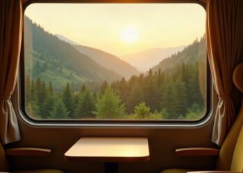 Vue sur une vallée forestière depuis la fenêtre d'un train au lever du jour, compensation carbone