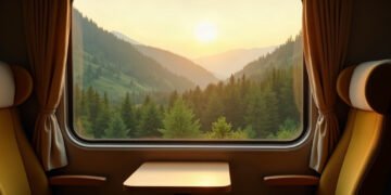 Compensation carbone : ce qu'elle vaut vraiment 2 Vue sur une vallée forestière depuis la fenêtre d'un train au lever du jour, compensation carbone