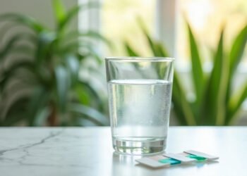 Verre d'eau et bandelettes de pH sur un plan de travail clair : eau alcaline