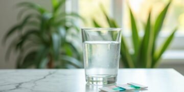 Verre d'eau et bandelettes de pH sur un plan de travail clair : eau alcaline