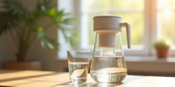 Carafe filtrante et verre d'eau sur un plan de travail en bois, lumière du matin : eau filtrée vs eau en bouteille