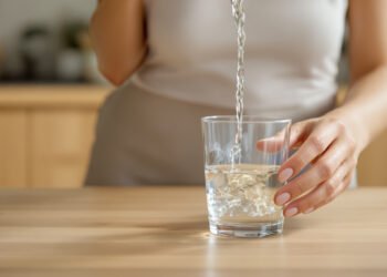 Une femme remplit un verre d'eau filtrée dans sa cuisine : eau filtrée vs eau en bouteille