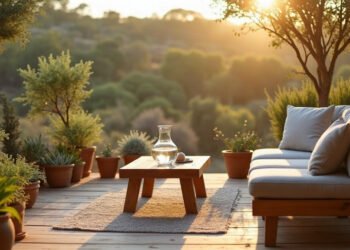 Terrasse ensoleillee d'un hebergement ecologique en pleine nature, ecolabel touristique
