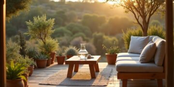 Terrasse ensoleillee d'un hebergement ecologique en pleine nature, ecolabel touristique