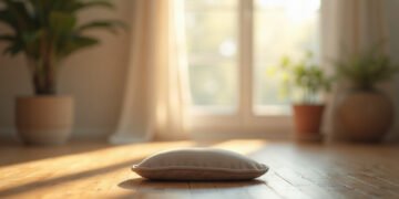 Coussin de méditation vide dans une pièce calme au petit matin, effets indésirables de la méditation