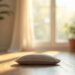 Les effets indésirables de la méditation 7 Coussin de méditation vide dans une pièce calme au petit matin, effets indésirables de la méditation