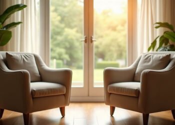 Deux fauteuils confortables face à face dans un salon calme, lumière du matin — méthode Gottman