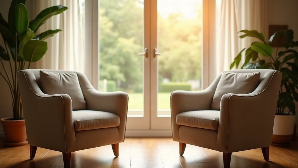 Méthode Gottman : ce qui est prouvé 1 Deux fauteuils confortables face à face dans un salon calme, lumière du matin — méthode Gottman