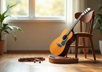 Guitare acoustique et xylophone dans une pièce calme et lumineuse, musicothérapie