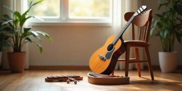 Guitare acoustique et xylophone dans une pièce calme et lumineuse, musicothérapie